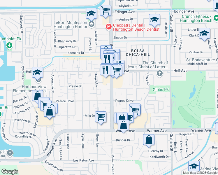 map of restaurants, bars, coffee shops, grocery stores, and more near 16582 Jib Circle in Huntington Beach