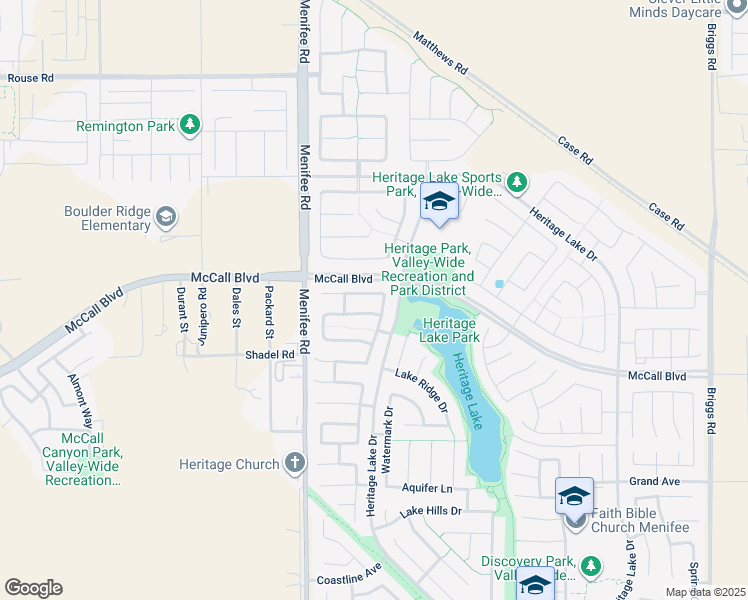 map of restaurants, bars, coffee shops, grocery stores, and more near 29199 Misty Point Lane in Menifee