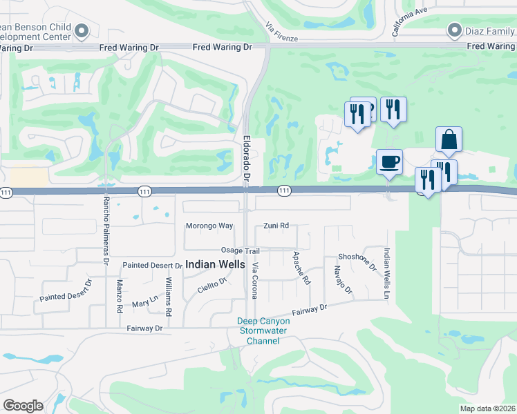 map of restaurants, bars, coffee shops, grocery stores, and more near 76046 Via Montelena in Indian Wells