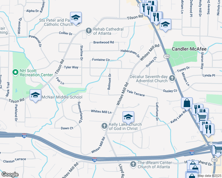 map of restaurants, bars, coffee shops, grocery stores, and more near 2344 Belmont Drive in Decatur
