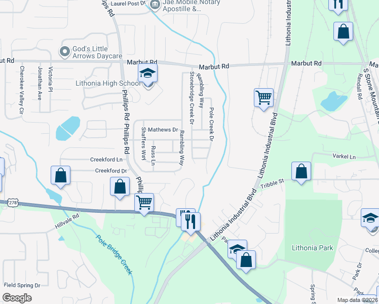 map of restaurants, bars, coffee shops, grocery stores, and more near 3099 Stonebridge Creek Drive in Lithonia