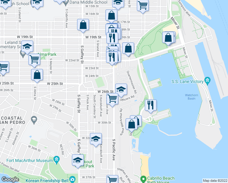 map of restaurants, bars, coffee shops, grocery stores, and more near South Pacific Avenue & West 26th Street in Los Angeles
