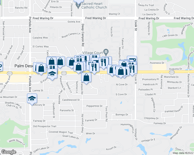 map of restaurants, bars, coffee shops, grocery stores, and more near 74675 California 111 in Palm Desert