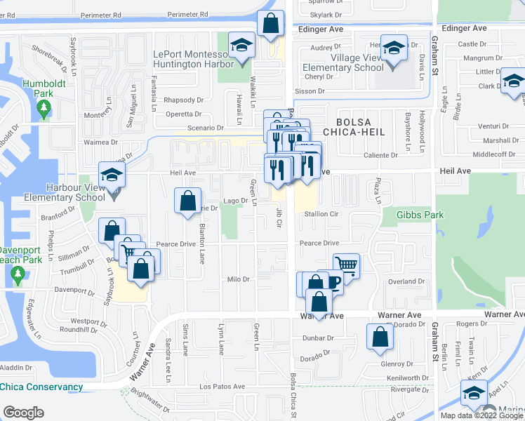 map of restaurants, bars, coffee shops, grocery stores, and more near 4881 Vista Drive in Huntington Beach