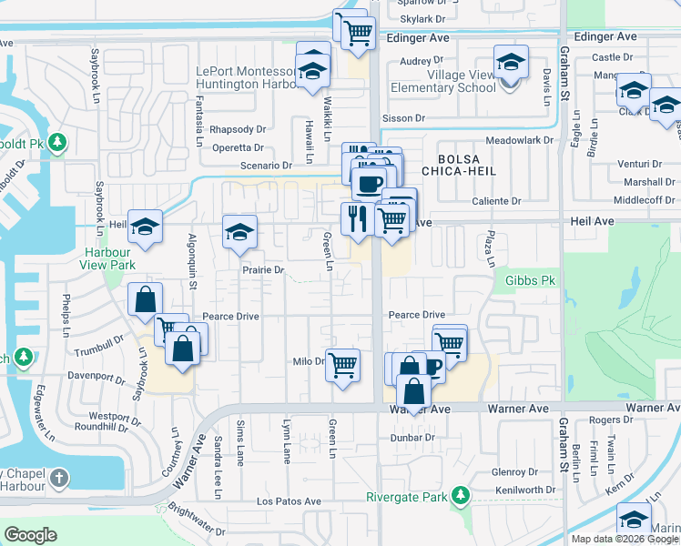 map of restaurants, bars, coffee shops, grocery stores, and more near 4881 Vista Drive in Huntington Beach
