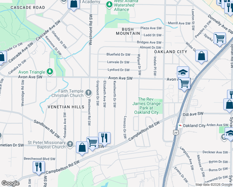 map of restaurants, bars, coffee shops, grocery stores, and more near 1280 Kenilworth Drive Southwest in Atlanta