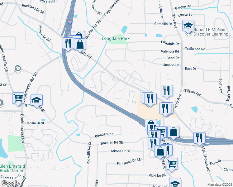 map of restaurants, bars, coffee shops, grocery stores, and more near 2367 Castle Keep Way in Atlanta
