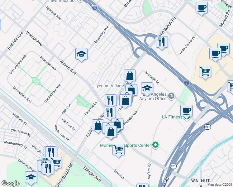 map of restaurants, bars, coffee shops, grocery stores, and more near 14332 Pinewood Road in Tustin