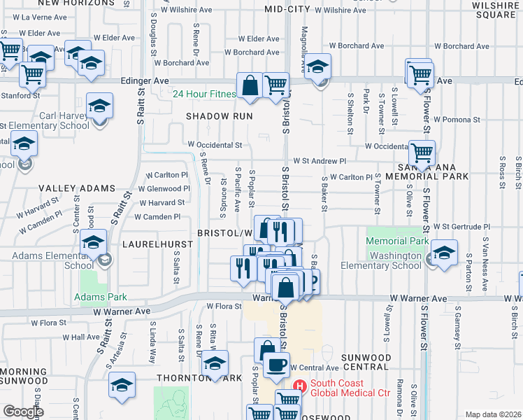map of restaurants, bars, coffee shops, grocery stores, and more near 1410 West Camden Place in Santa Ana