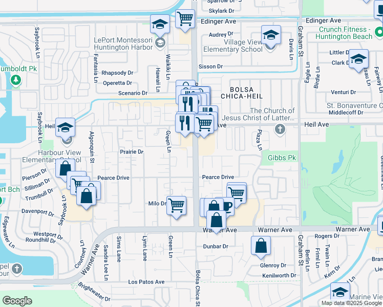 map of restaurants, bars, coffee shops, grocery stores, and more near 16582 Jib Circle in Huntington Beach