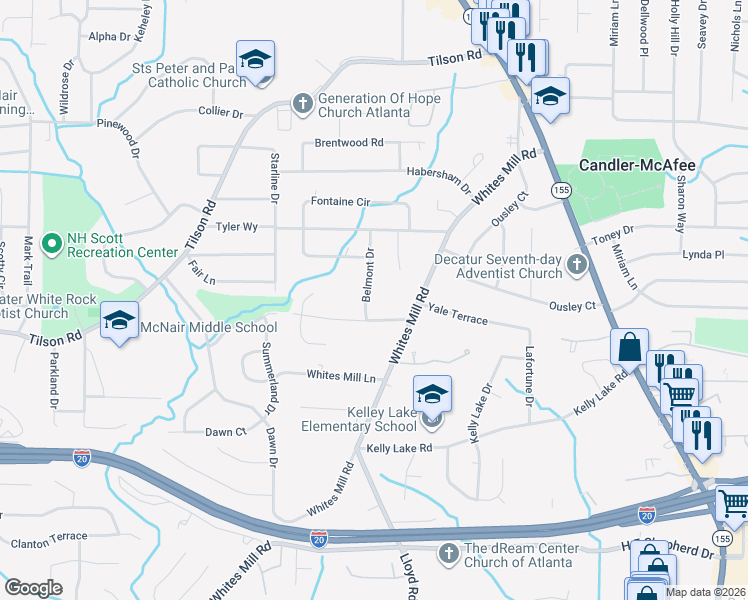 map of restaurants, bars, coffee shops, grocery stores, and more near 2544 Brentford Place in Decatur