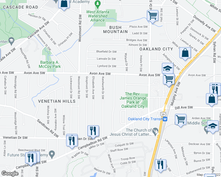 map of restaurants, bars, coffee shops, grocery stores, and more near 1280 Kenilworth Drive Southwest in Atlanta