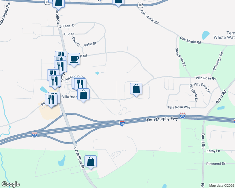 map of restaurants, bars, coffee shops, grocery stores, and more near 109 Fawn Lane in Temple
