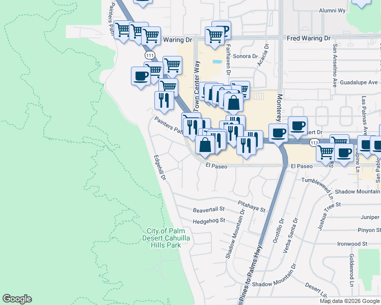 map of restaurants, bars, coffee shops, grocery stores, and more near 72489 El Paseo in Palm Desert