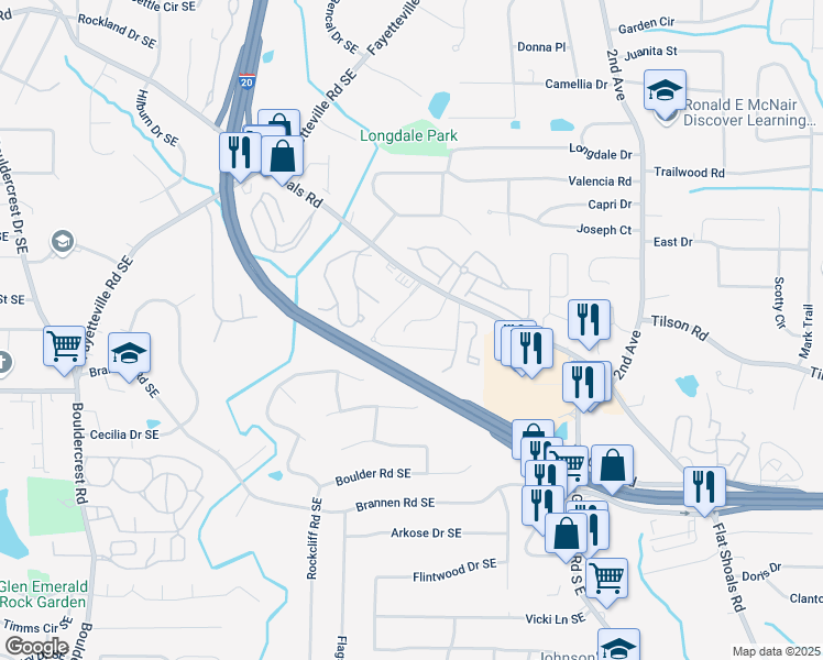map of restaurants, bars, coffee shops, grocery stores, and more near 2374 Woodcastle Lane Southeast in Atlanta