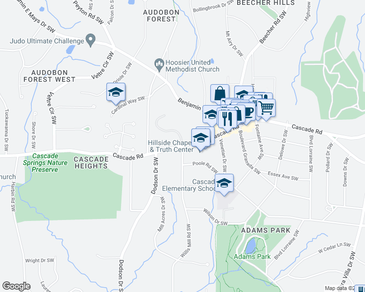 map of restaurants, bars, coffee shops, grocery stores, and more near Cascade Rd & Willis Mill Rd SW in Atlanta