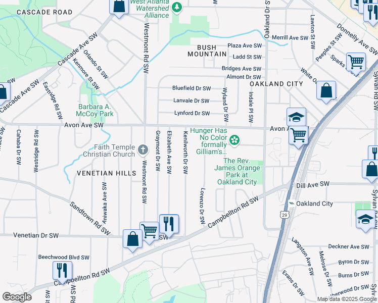 map of restaurants, bars, coffee shops, grocery stores, and more near 1262 Kenilworth Drive Southwest in Atlanta