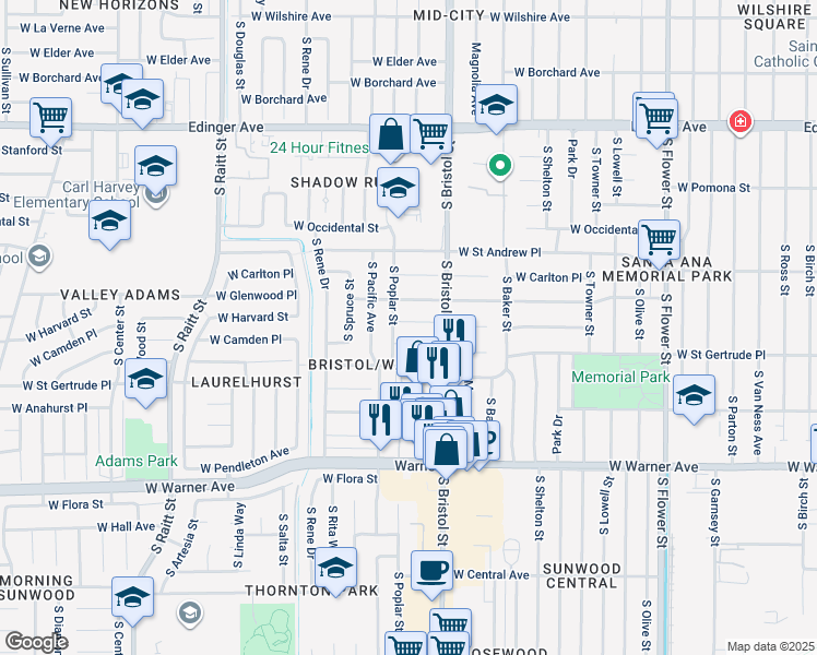 map of restaurants, bars, coffee shops, grocery stores, and more near 1410 West Camden Place in Santa Ana
