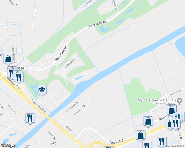 map of restaurants, bars, coffee shops, grocery stores, and more near 636 Water Village Boulevard in Myrtle Beach