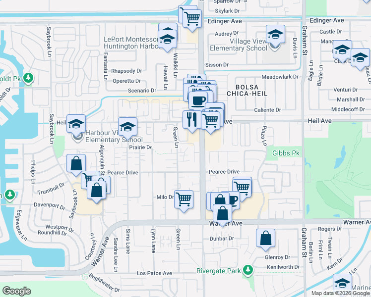 map of restaurants, bars, coffee shops, grocery stores, and more near 16621 Jib Circle in Huntington Beach