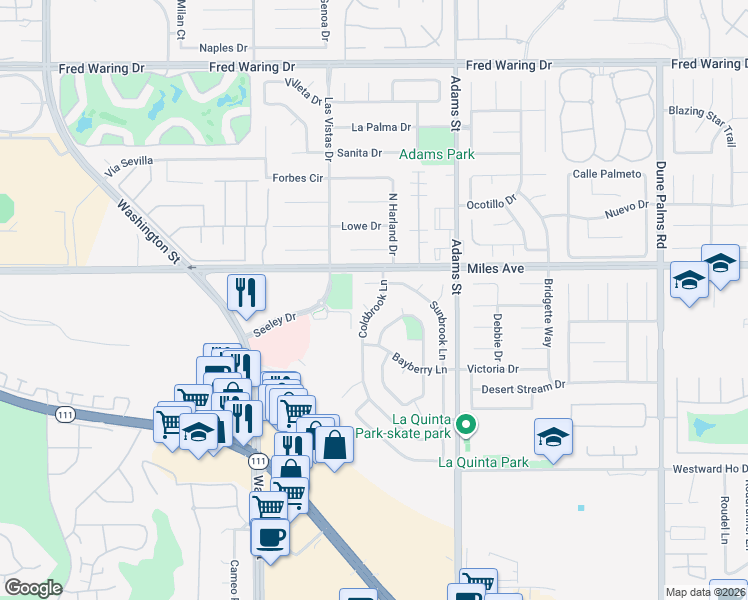 map of restaurants, bars, coffee shops, grocery stores, and more near 45195 Coldbrook Lane in La Quinta