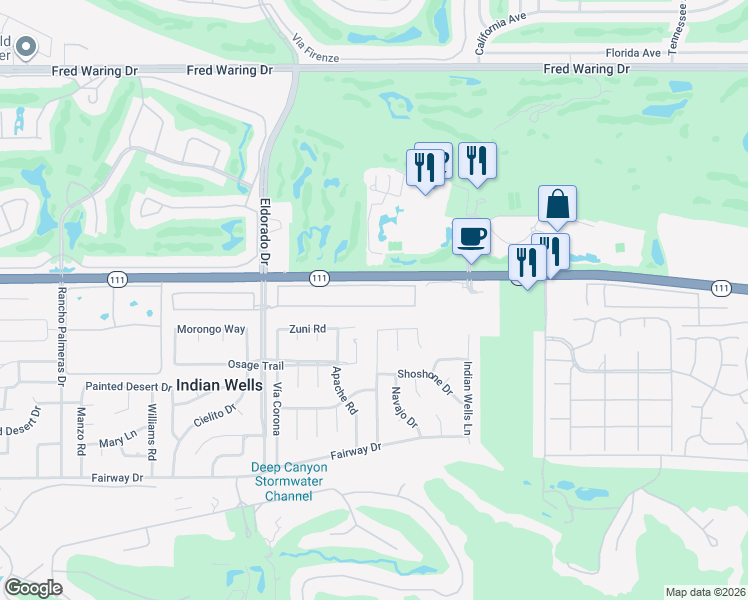 map of restaurants, bars, coffee shops, grocery stores, and more near 76256 Via Montelena in Indian Wells