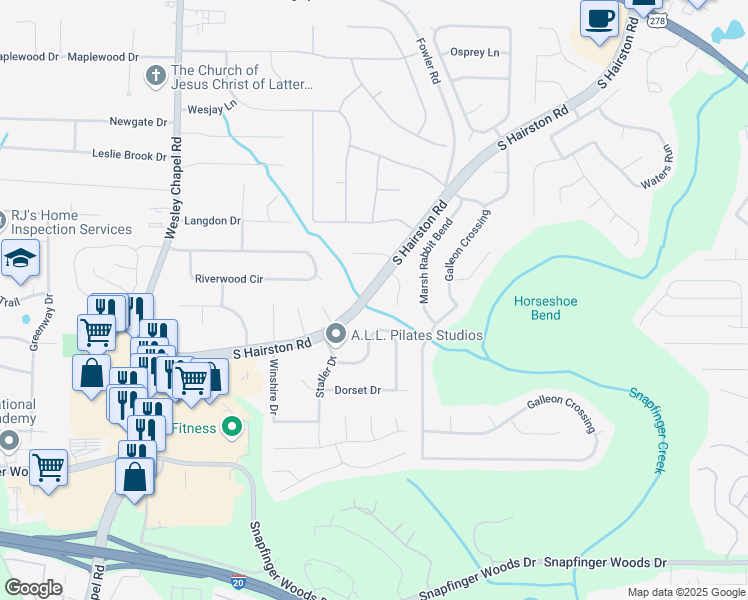 map of restaurants, bars, coffee shops, grocery stores, and more near 2352 South Hairston Road in Decatur