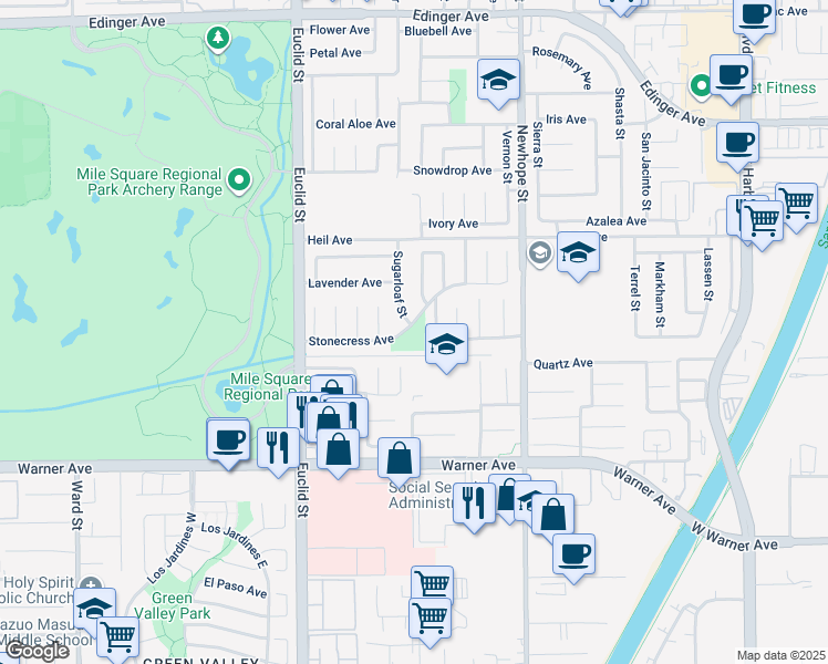 map of restaurants, bars, coffee shops, grocery stores, and more near 11240 Stonecress Avenue in Fountain Valley