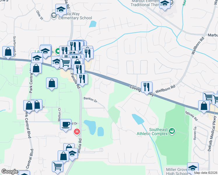 map of restaurants, bars, coffee shops, grocery stores, and more near 6279 Covington Highway in Lithonia