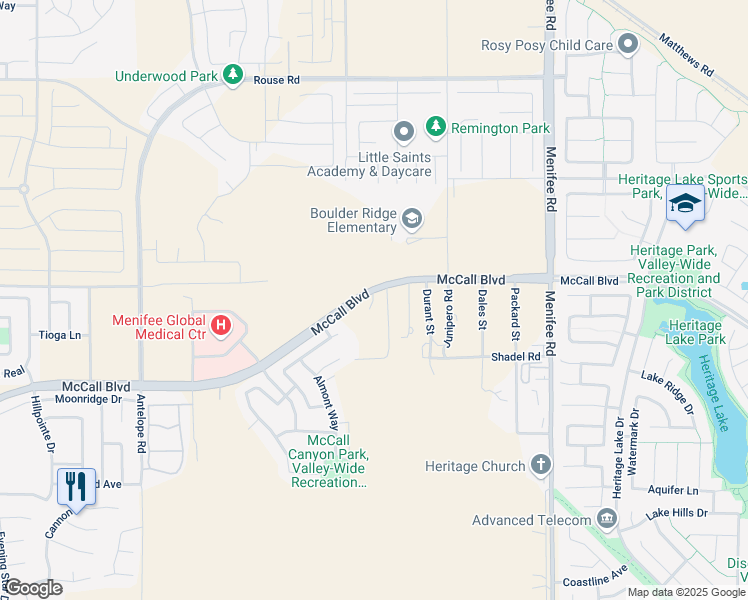 map of restaurants, bars, coffee shops, grocery stores, and more near Vine Street in Menifee