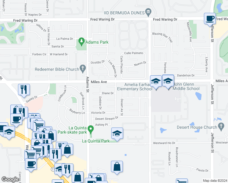 map of restaurants, bars, coffee shops, grocery stores, and more near 79240 Diane Drive in La Quinta