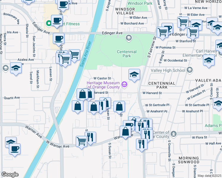 map of restaurants, bars, coffee shops, grocery stores, and more near 3130 West Harvard Street in Santa Ana
