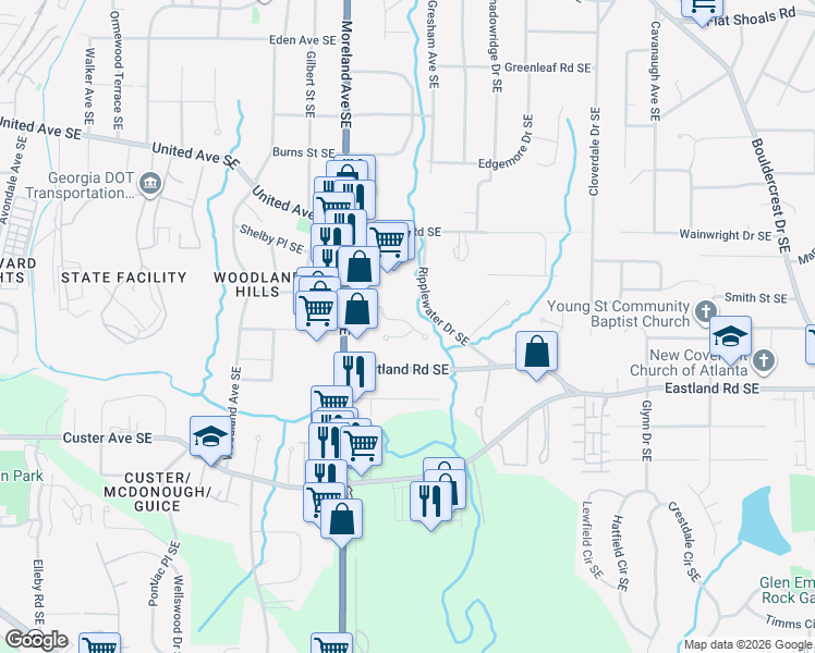 map of restaurants, bars, coffee shops, grocery stores, and more near 2555 Village Creek Landing Southeast in Atlanta