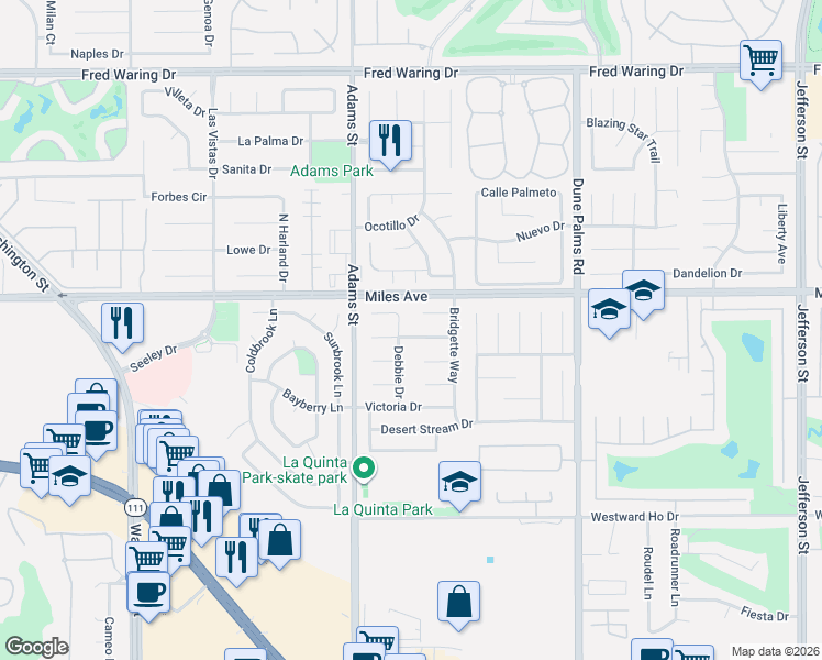 map of restaurants, bars, coffee shops, grocery stores, and more near 79150 Cindy Court in La Quinta
