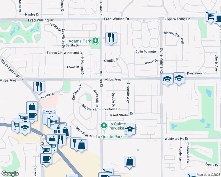 map of restaurants, bars, coffee shops, grocery stores, and more near 79150 Cindy Court in La Quinta