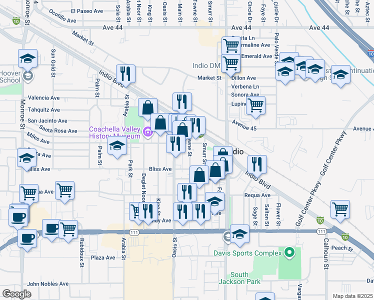 map of restaurants, bars, coffee shops, grocery stores, and more near 45071 Towne Street in Indio