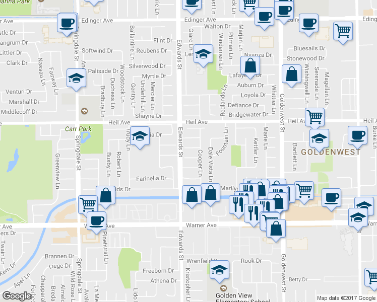 map of restaurants, bars, coffee shops, grocery stores, and more near 6532 Corrine Circle in Huntington Beach