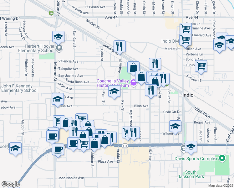 map of restaurants, bars, coffee shops, grocery stores, and more near 82470 Bliss Avenue in Indio