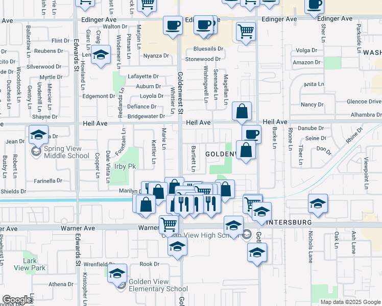 map of restaurants, bars, coffee shops, grocery stores, and more near 16692 Goldenwest Street in Huntington Beach