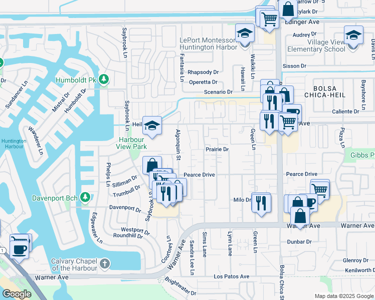 map of restaurants, bars, coffee shops, grocery stores, and more near 16662 Algonquin Street in Huntington Beach