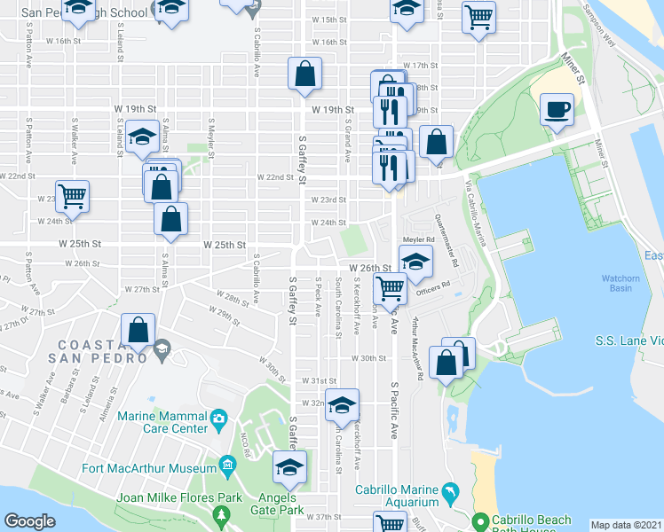 map of restaurants, bars, coffee shops, grocery stores, and more near 2624 South Peck Avenue in Los Angeles