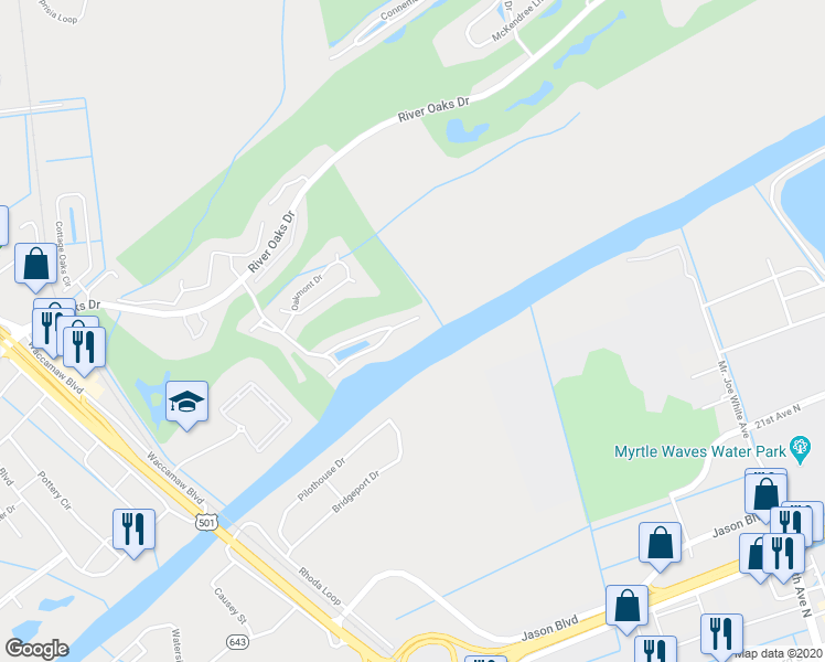 map of restaurants, bars, coffee shops, grocery stores, and more near 624 Waterway Village Boulevard in Myrtle Beach