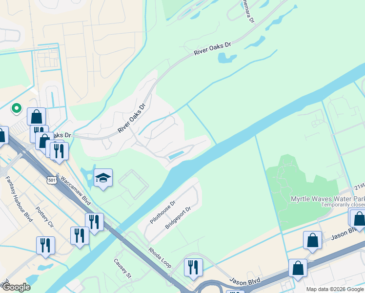 map of restaurants, bars, coffee shops, grocery stores, and more near 616 Waterway Village Boulevard in Myrtle Beach