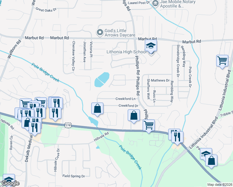 map of restaurants, bars, coffee shops, grocery stores, and more near 6263 Creekford Lane in Lithonia