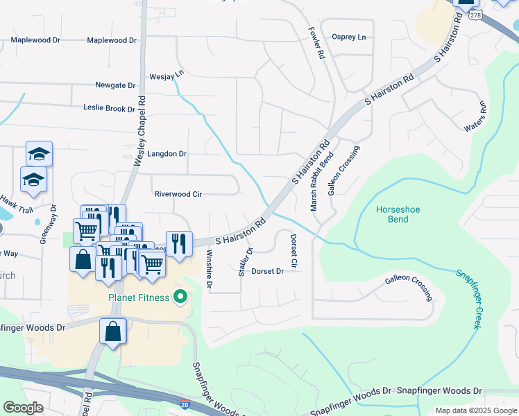 map of restaurants, bars, coffee shops, grocery stores, and more near 2370 South Hairston Road in Decatur