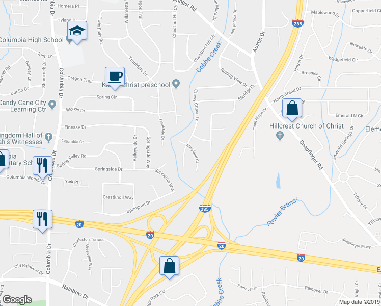 map of restaurants, bars, coffee shops, grocery stores, and more near 2335 Maryland Court in Decatur