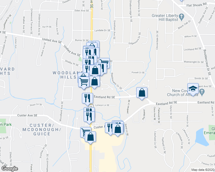 map of restaurants, bars, coffee shops, grocery stores, and more near 2551 Village Creek Landing Southeast in Atlanta