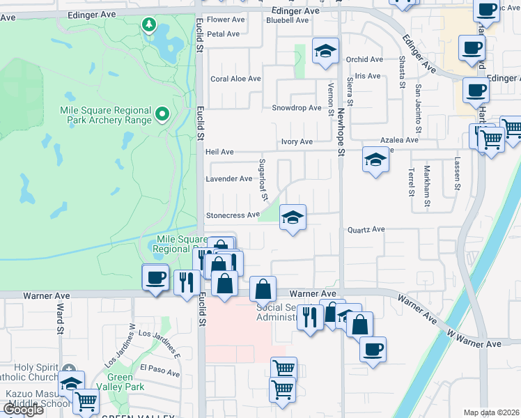 map of restaurants, bars, coffee shops, grocery stores, and more near 11217 Stonecress Avenue in Fountain Valley