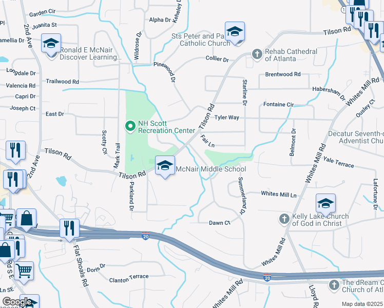 map of restaurants, bars, coffee shops, grocery stores, and more near 2343 Dawn Drive in Decatur