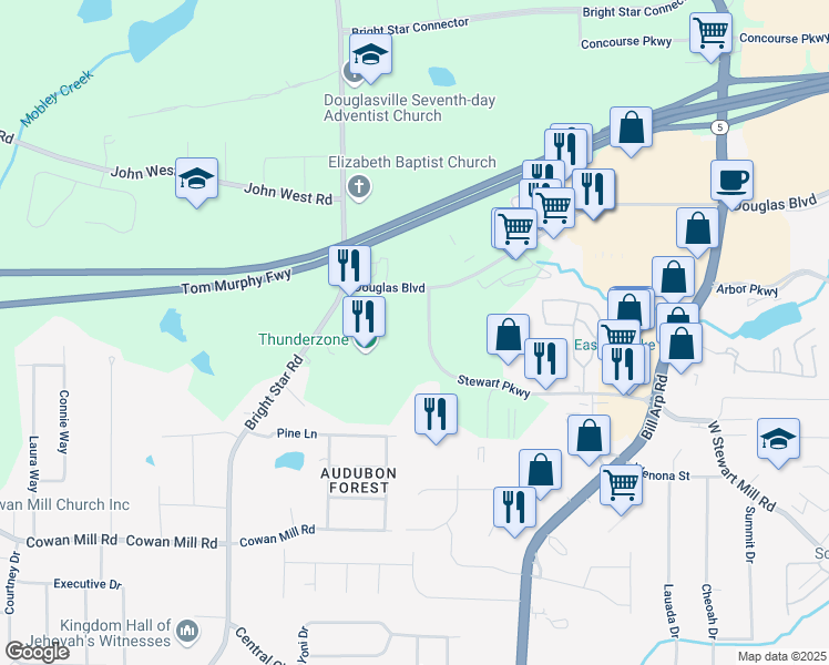 map of restaurants, bars, coffee shops, grocery stores, and more near 6125 Stewart Parkway in Douglasville